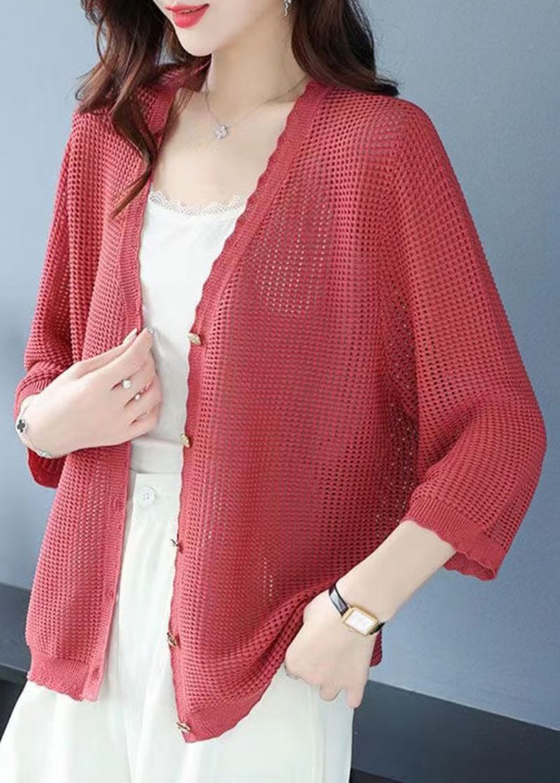 Økologisk Grønn V-hals Hul Ut Patchwork Strikket Cardigan Sommer - Cardigans for kvinner