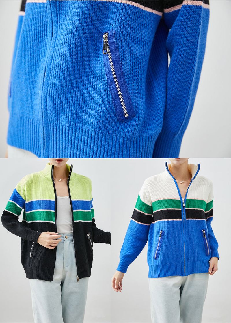 Original Design Blå Zip Up Patchwork Knit Coats Høst - Cardigans for kvinner