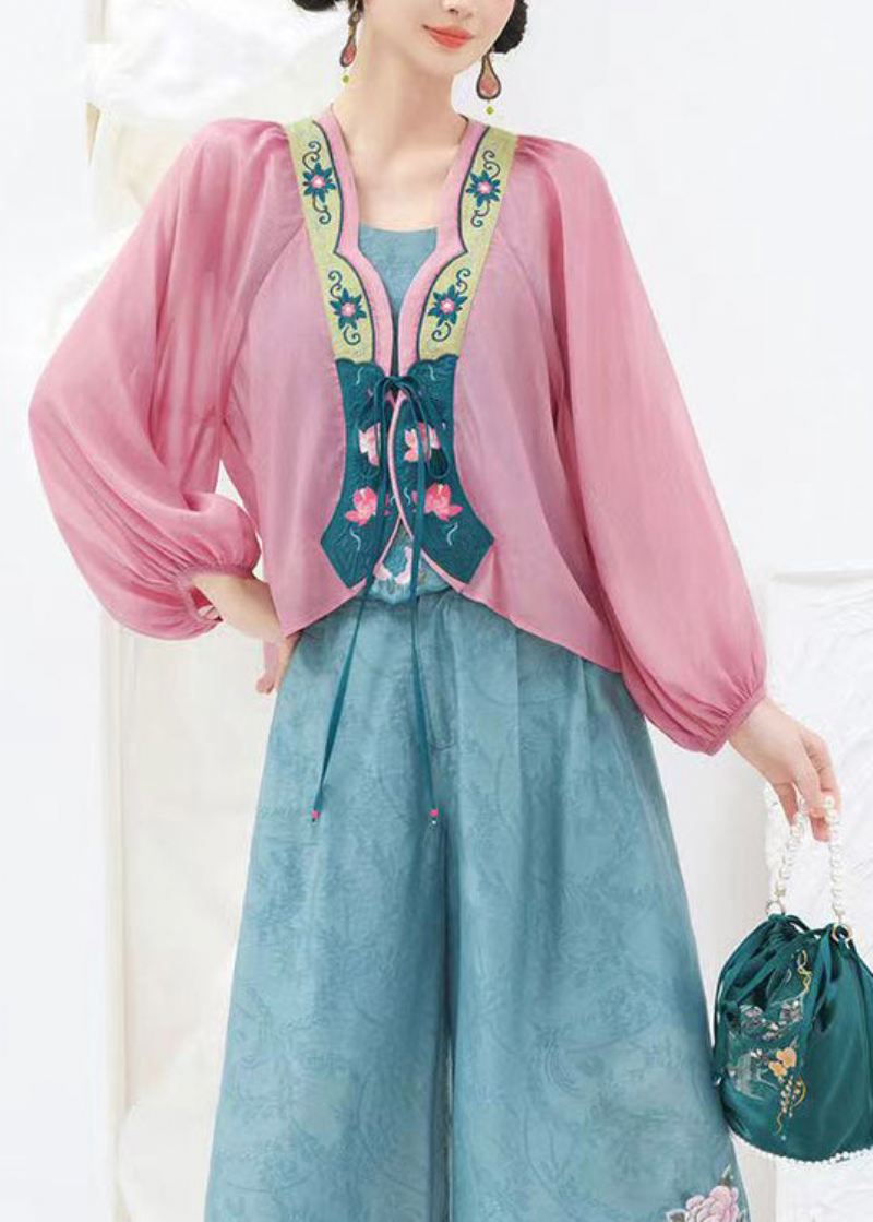 Original Design Rosa Brodert Lace Up Chiffon Cardigans Lanterne Erme