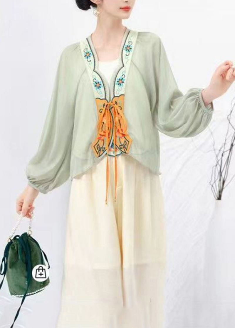 Original Design Rosa Brodert Lace Up Chiffon Cardigans Lanterne Erme - Cardigans for kvinner