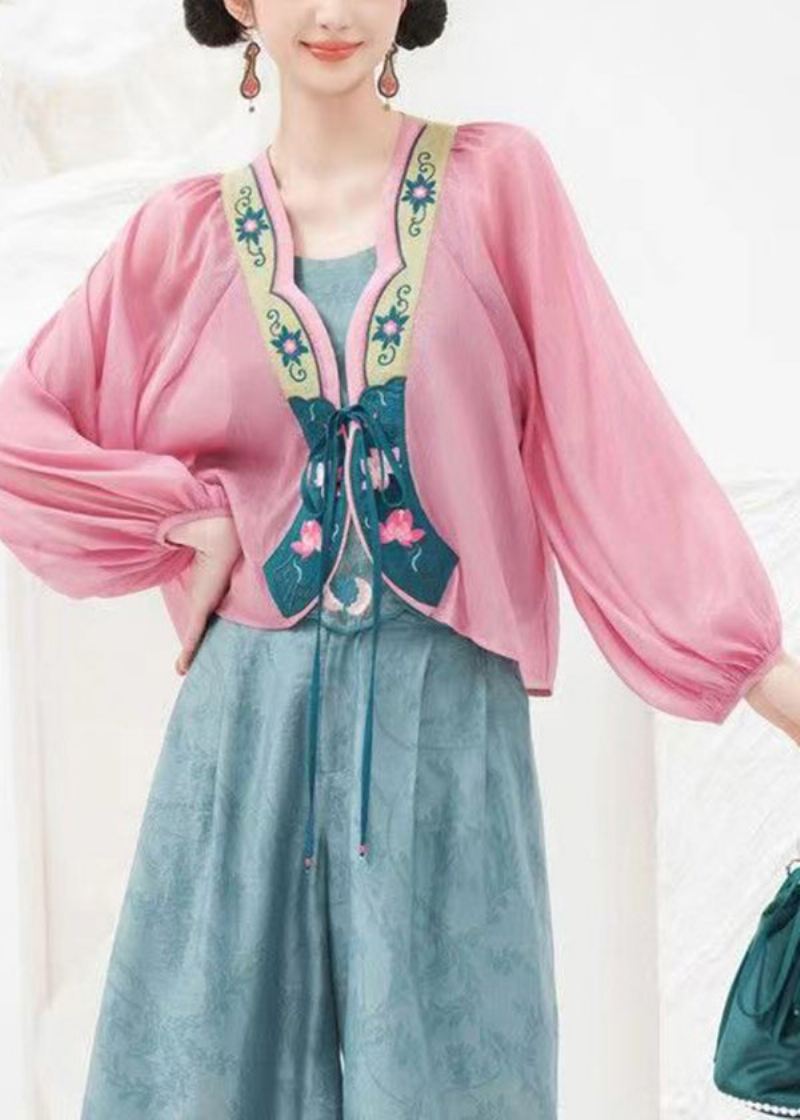 Original Design Rosa Brodert Lace Up Chiffon Cardigans Lanterne Erme - Cardigans for kvinner