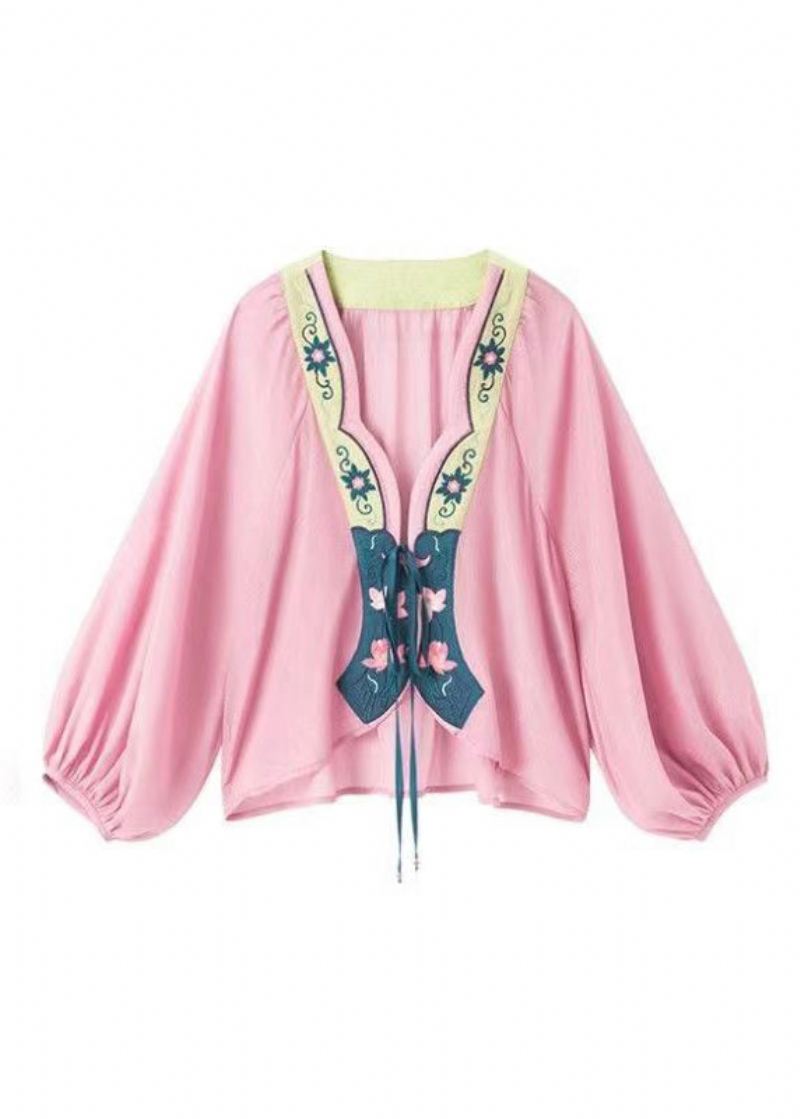 Original Design Rosa Brodert Lace Up Chiffon Cardigans Lanterne Erme - Cardigans for kvinner