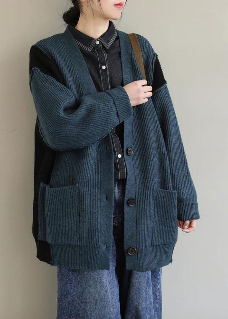 Oversized Spring Green Knit Sweat Topper Oversize V-hals Button Down Sweater - Grå