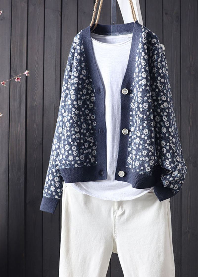 Plus Size Blå V-hals Print Button Strikke Cardigans Spring