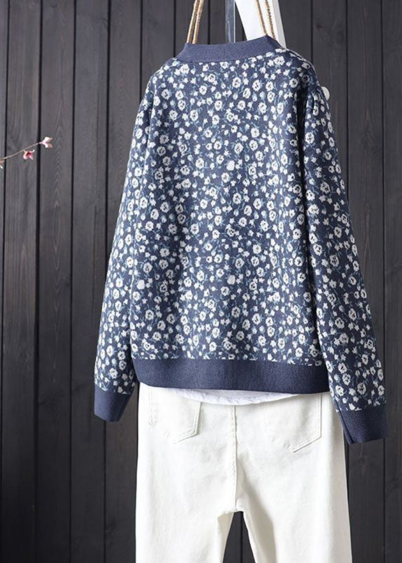 Plus Size Blå V-hals Print Button Strikke Cardigans Spring - Cardigans for kvinner