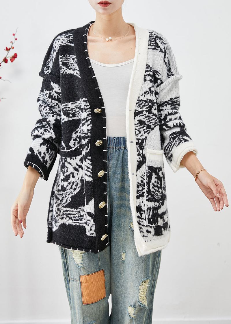 Plus Size Black Asymmetrisk Tie Dye Strikkede Cardigans Høst - Cardigans for kvinner