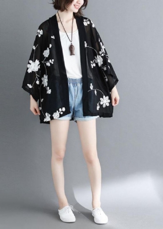 Plus Size Black Bat Wing Sleeve Summer Long Cardigans