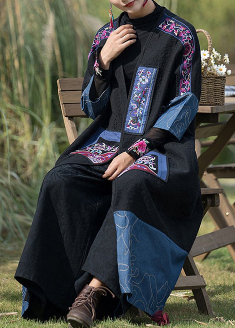 Plus Size Black Brodered Denim Patchwork Long Cardigan Fall - Cardigans for kvinner