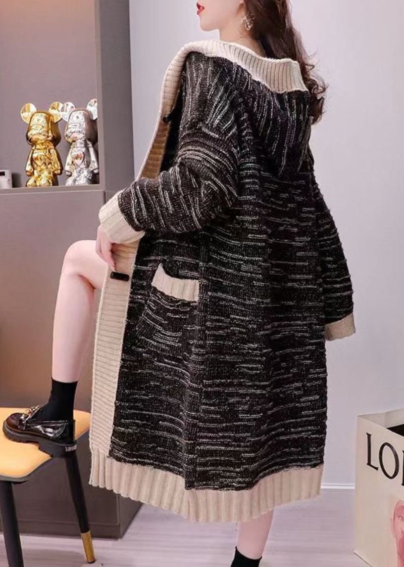 Plus Size Black Hette Stripet Varmstrikkede Lange Cardigans Spring - Cardigans for kvinner