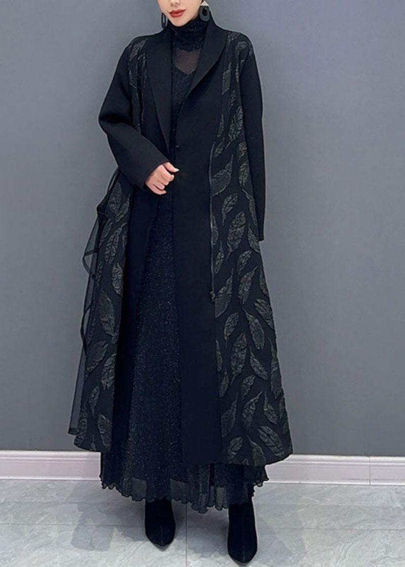 Plus Size Black Notched Tyll Patchwork Maxi Cardigans Langermet - Cardigans for kvinner