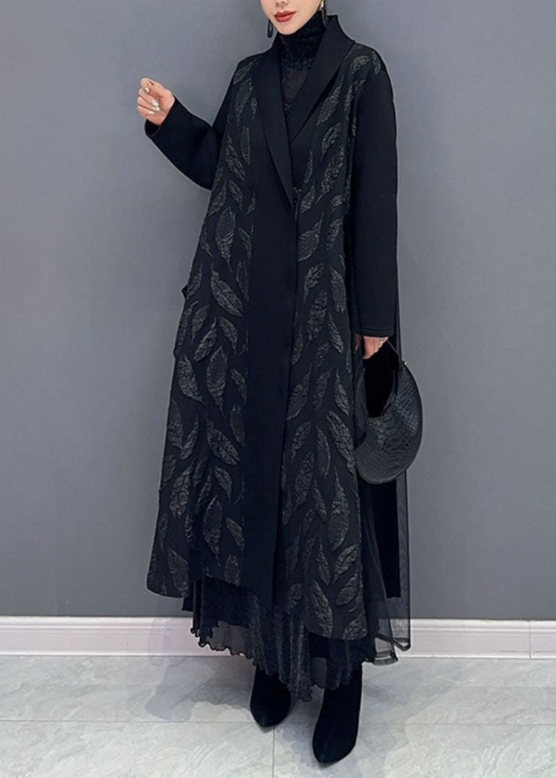 Plus Size Black Notched Tyll Patchwork Maxi Cardigans Langermet - Cardigans for kvinner