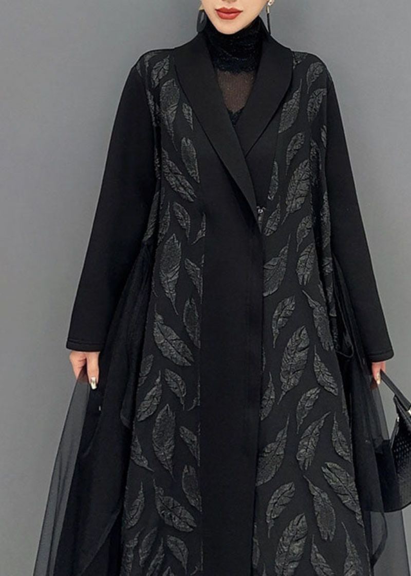 Plus Size Black Notched Tyll Patchwork Maxi Cardigans Langermet - Cardigans for kvinner