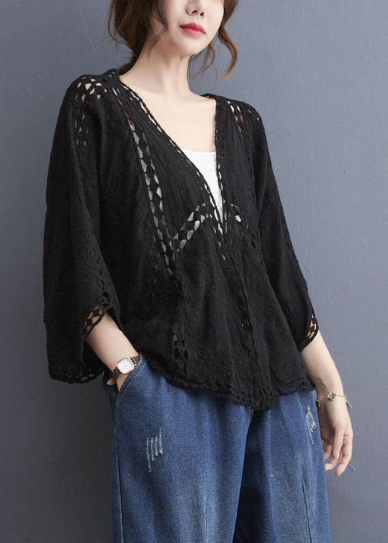 Plus Size Black V-hals Cardigans Batwing Sleeve