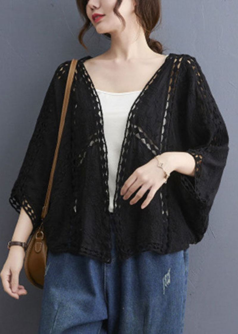 Plus Size Black V-hals Cardigans Batwing Sleeve - Svart