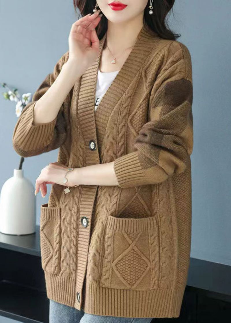 Plus Size Camel V-halslommer Button Patchwork Knit Cardigan Fall