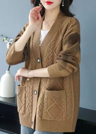 Plus Size Camel V-halslommer Button Patchwork Knit Cardigan Fall