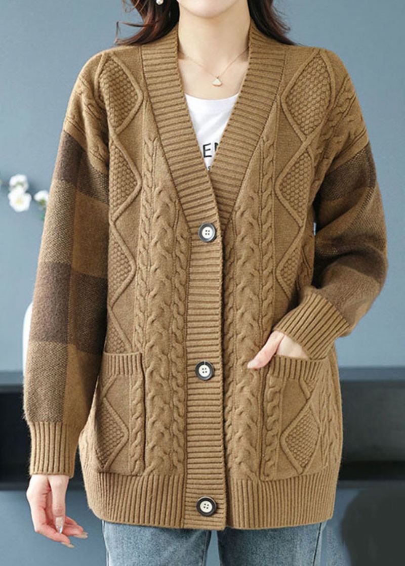 Plus Size Camel V-halslommer Button Patchwork Knit Cardigan Fall - Cardigans for kvinner