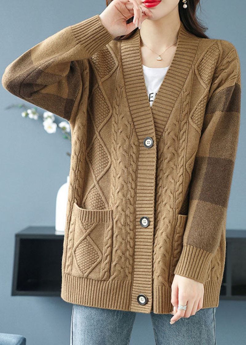 Plus Size Camel V-halslommer Button Patchwork Knit Cardigan Fall - Cardigans for kvinner