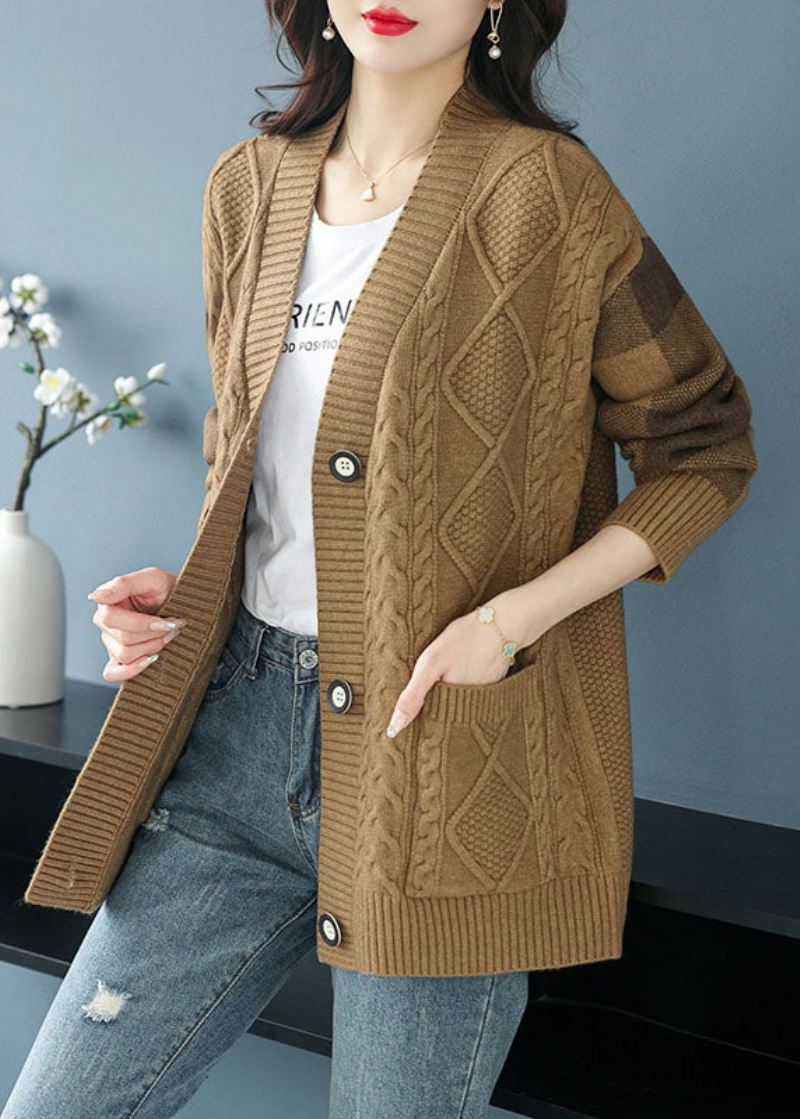 Plus Size Camel V-halslommer Button Patchwork Knit Cardigan Fall - Cardigans for kvinner