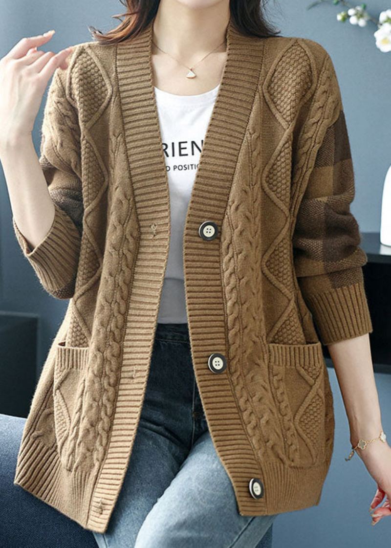 Plus Size Camel V-halslommer Button Patchwork Knit Cardigan Fall - Cardigans for kvinner