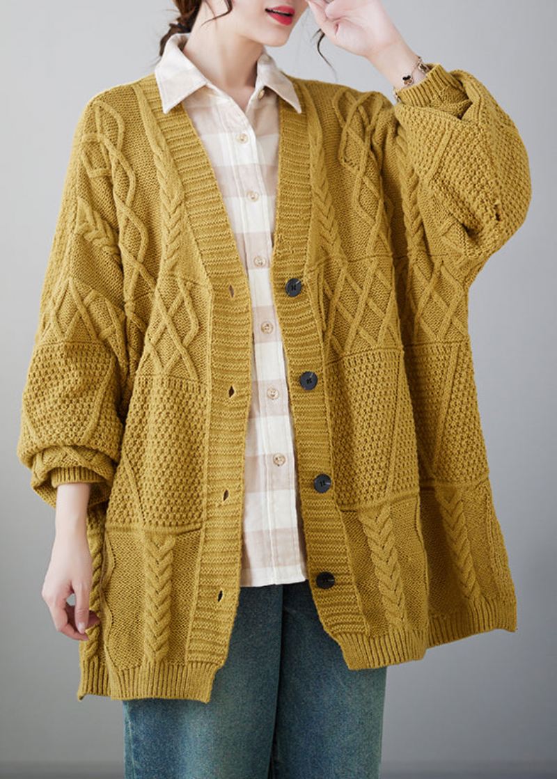 Plus Size Casual Gul V-hals Button Strikket Cardigans Coat Fall - Cardigans for kvinner