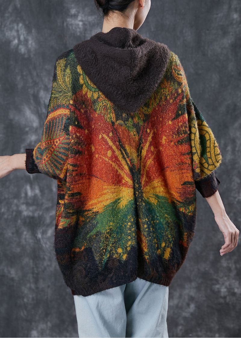 Plus Size Chocolate Hette Tie Dye Strikkejakke Vinter - Cardigans for kvinner