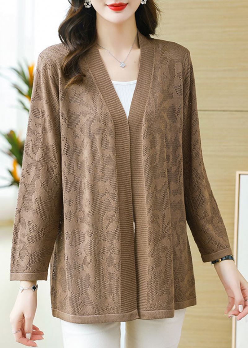 Plus Size Coffee Patchwork Solid Tynn Strikket Cardigan Med Lange Ermer