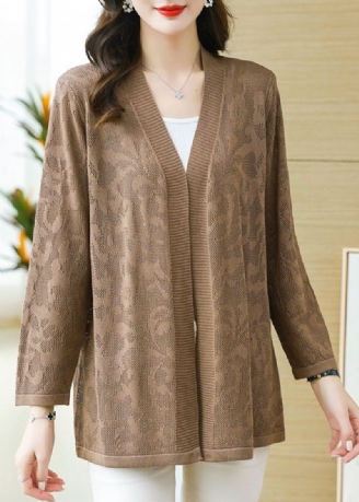 Plus Size Coffee Patchwork Solid Tynn Strikket Cardigan Med Lange Ermer