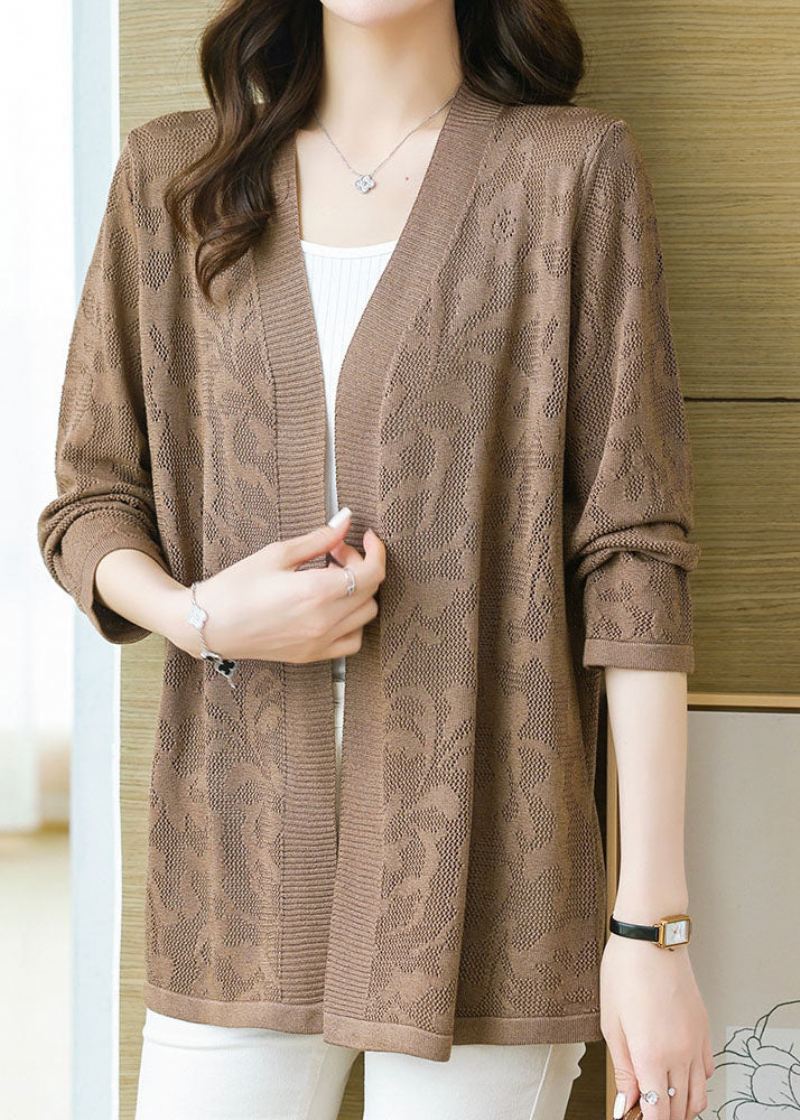 Plus Size Coffee Patchwork Solid Tynn Strikket Cardigan Med Lange Ermer - Kaffe