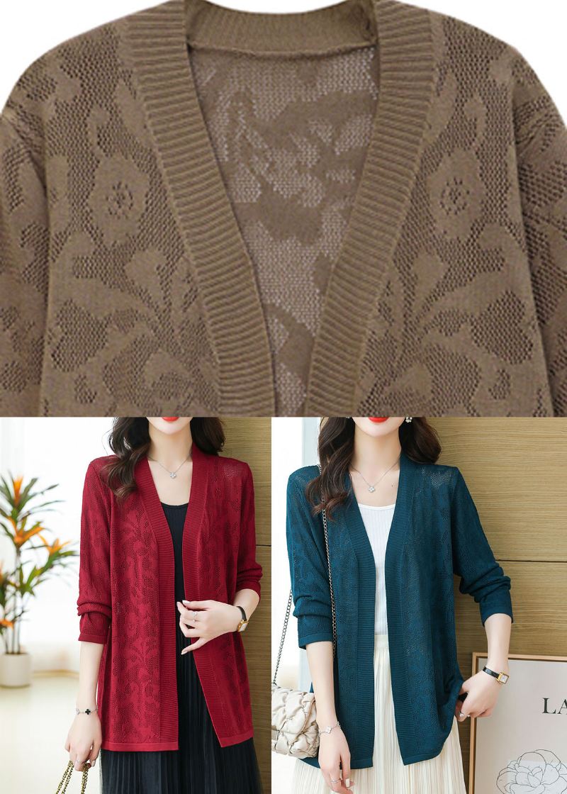 Plus Size Coffee Patchwork Solid Tynn Strikket Cardigan Med Lange Ermer - Kaffe