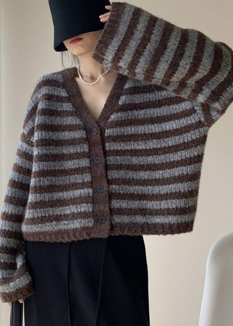 Plus Size Coffee Striped Button Strikket Cardigans Kåper Høst