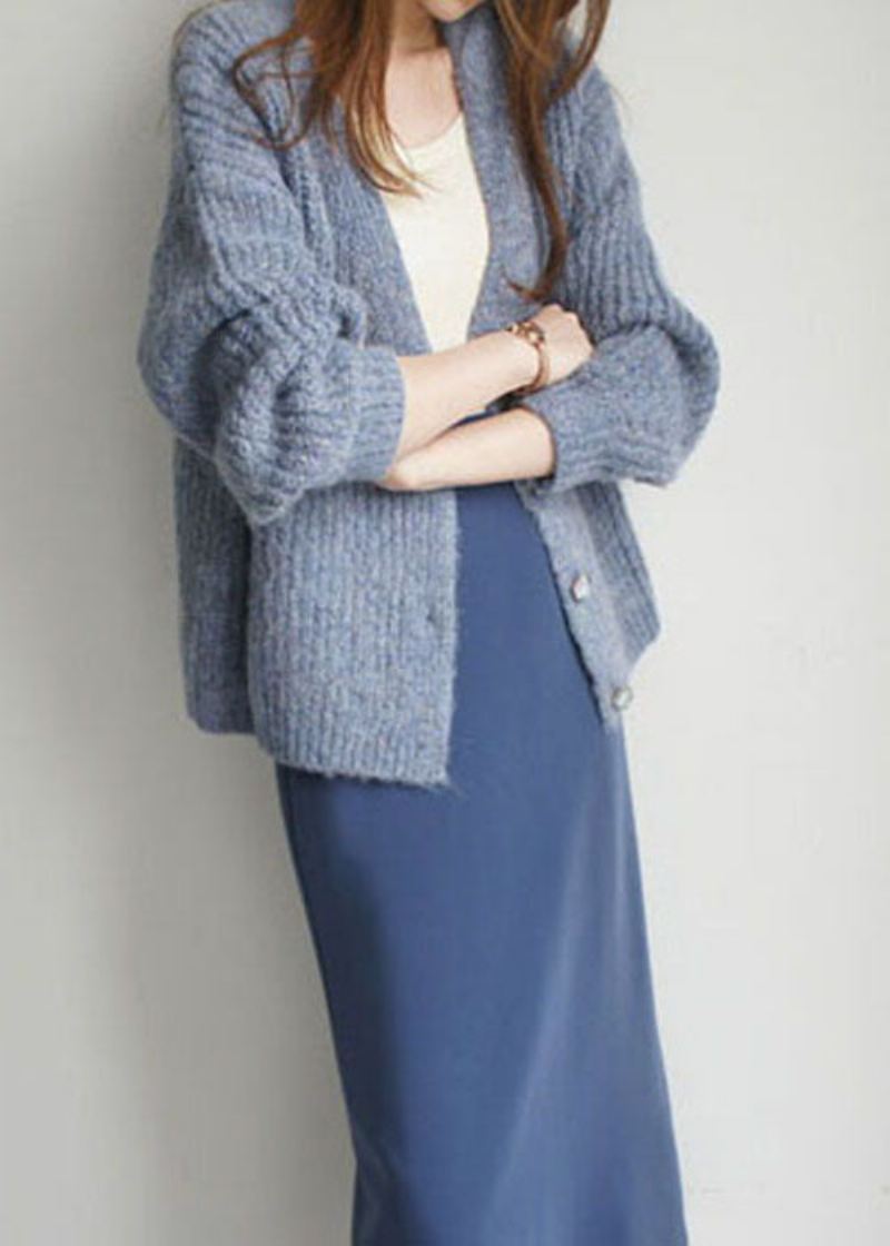 Plus Size Fine Blue Button Ull Cardigan Winter - Cardigans for kvinner