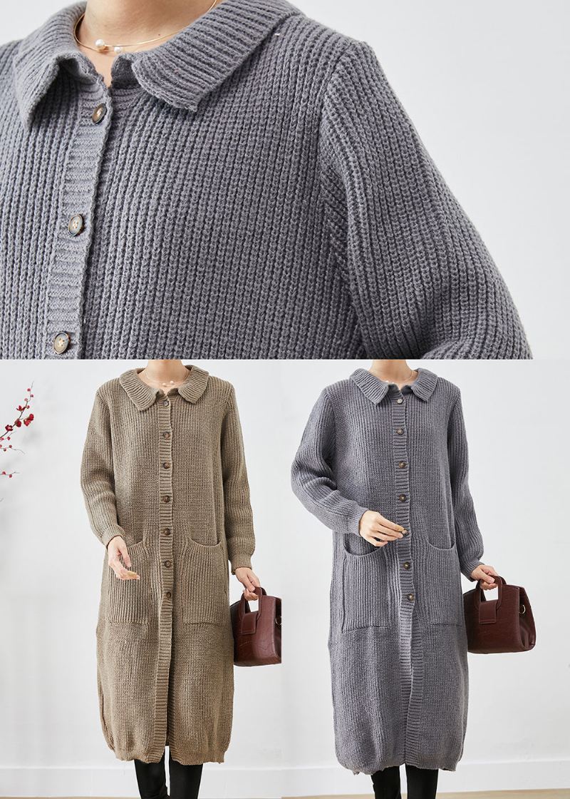 Plus Size Grå Button Down-lommer Strikk Lange Kåper Høst - Cardigans for kvinner