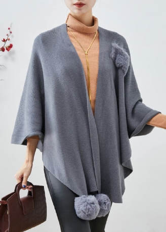 Plus Size Grå Oversized Fuzzy Ball Dekorert Strikket Cardigan Høst