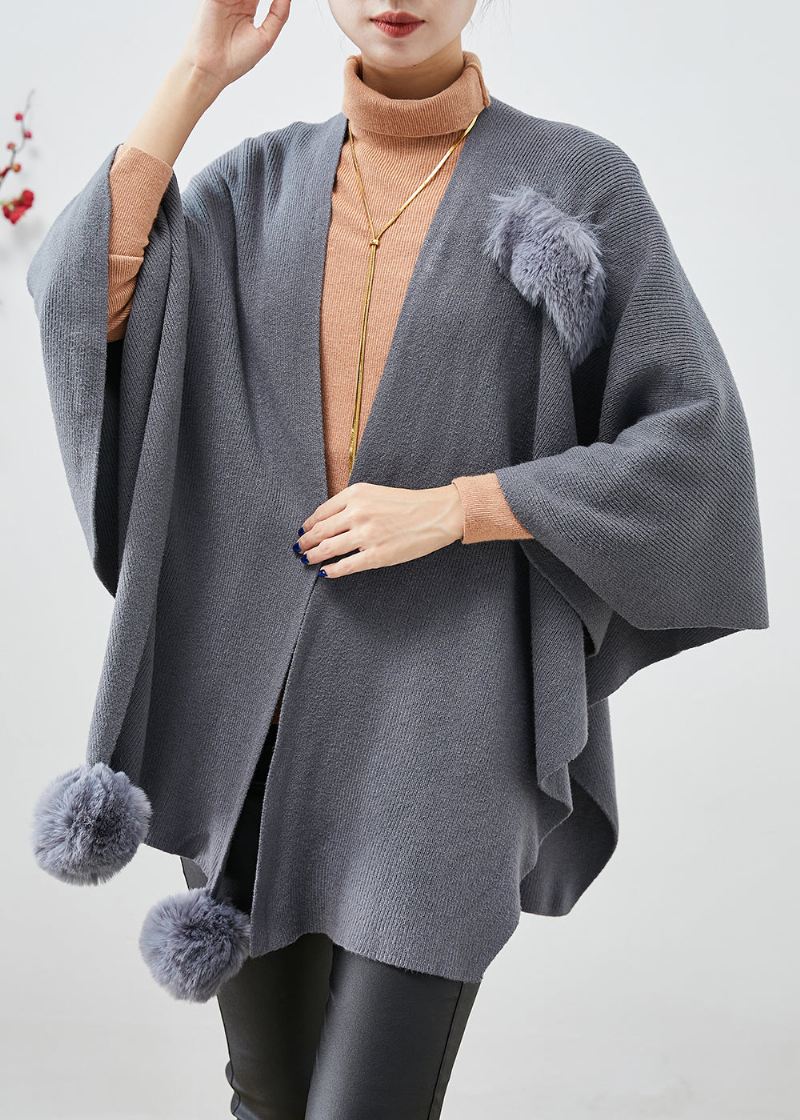 Plus Size Grå Oversized Fuzzy Ball Dekorert Strikket Cardigan Høst - Cardigans for kvinner