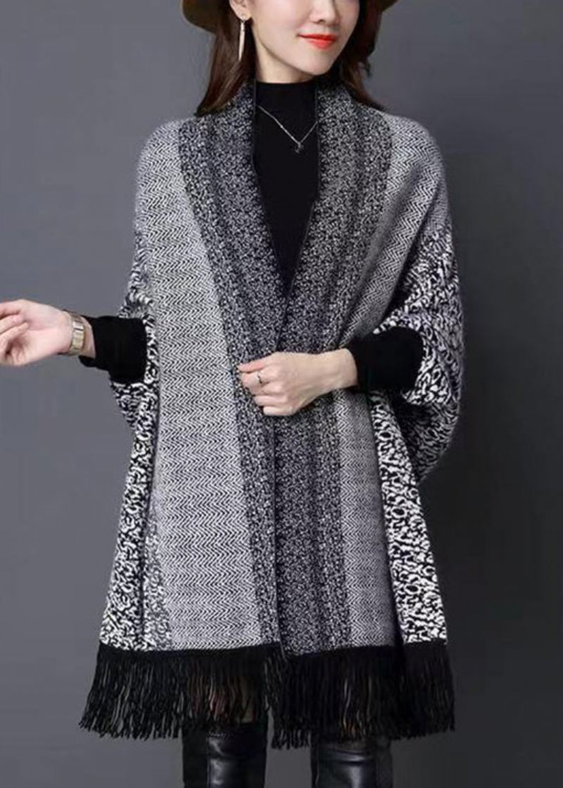 Plus Size Grå V-hals Dusk Patchwork Strikkede Cardigans Høst - Cardigans for kvinner