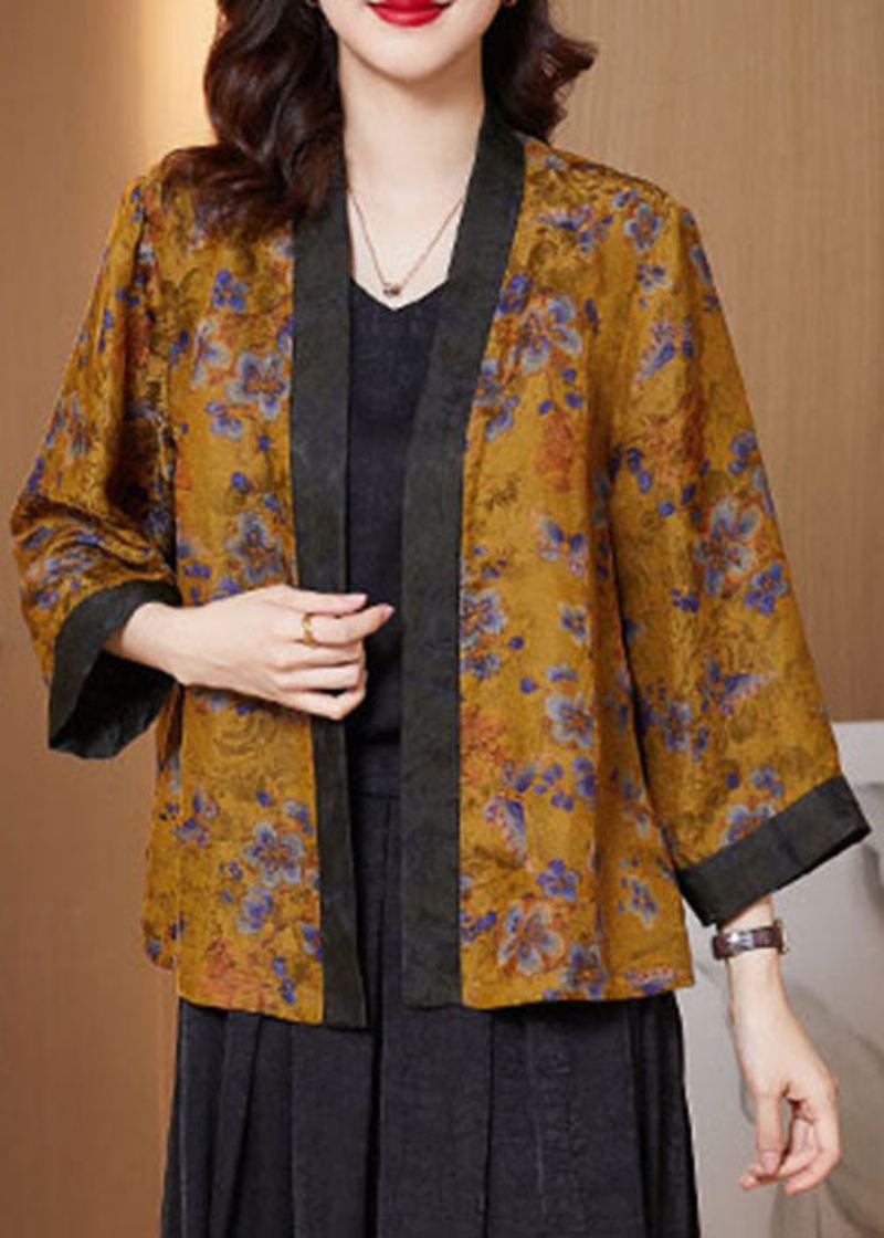 Plus Size Gul Print Patchwork Silke Loose Cardigans Armbånd Sleeve - Cardigans for kvinner