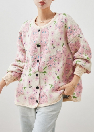 Plus Size Lys Rosa Oversized Jacquardstrikkede Cardigans Vinter