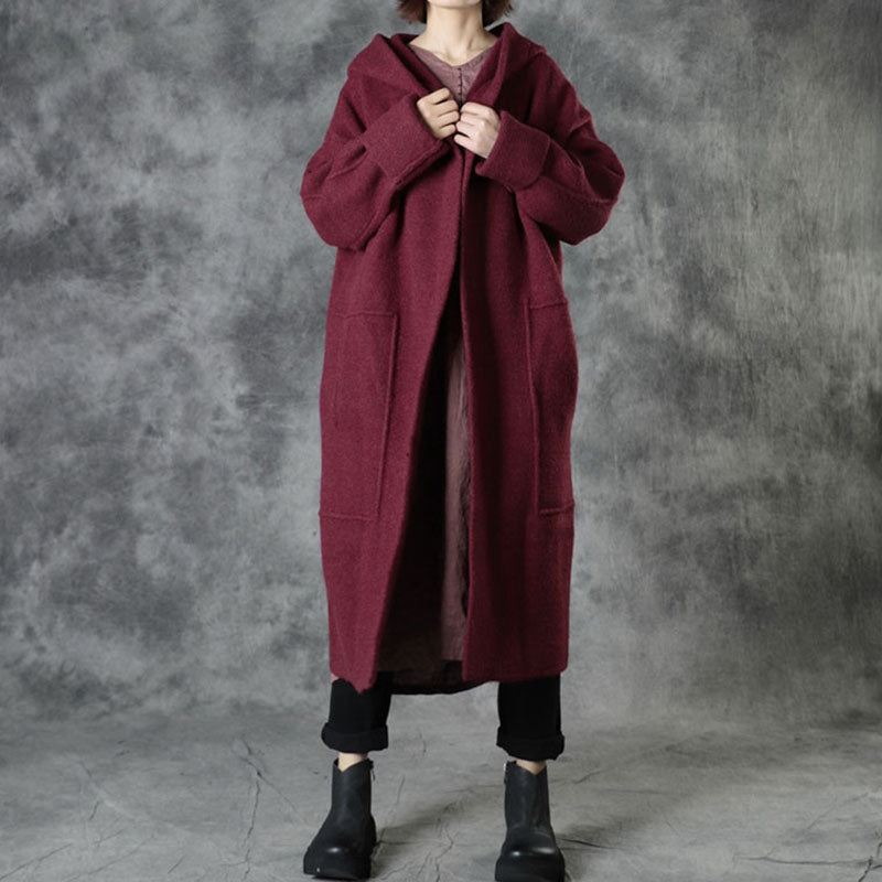 Plus Size Mulberry Løse Lommer Fall Hette Langermet Gensere Coat