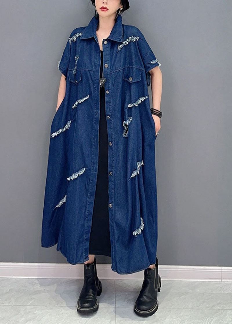 Plus Size Navy Oversized Cotton Ripped Denim Coat Outwear Kortermet