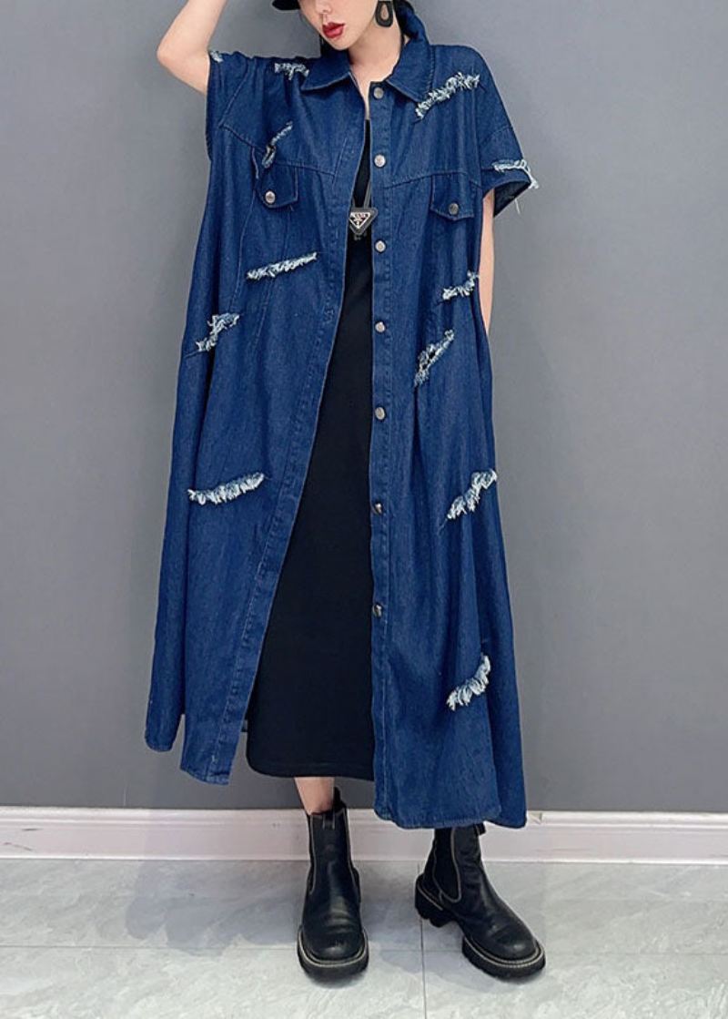 Plus Size Navy Oversized Cotton Ripped Denim Coat Outwear Kortermet - Cardigans for kvinner