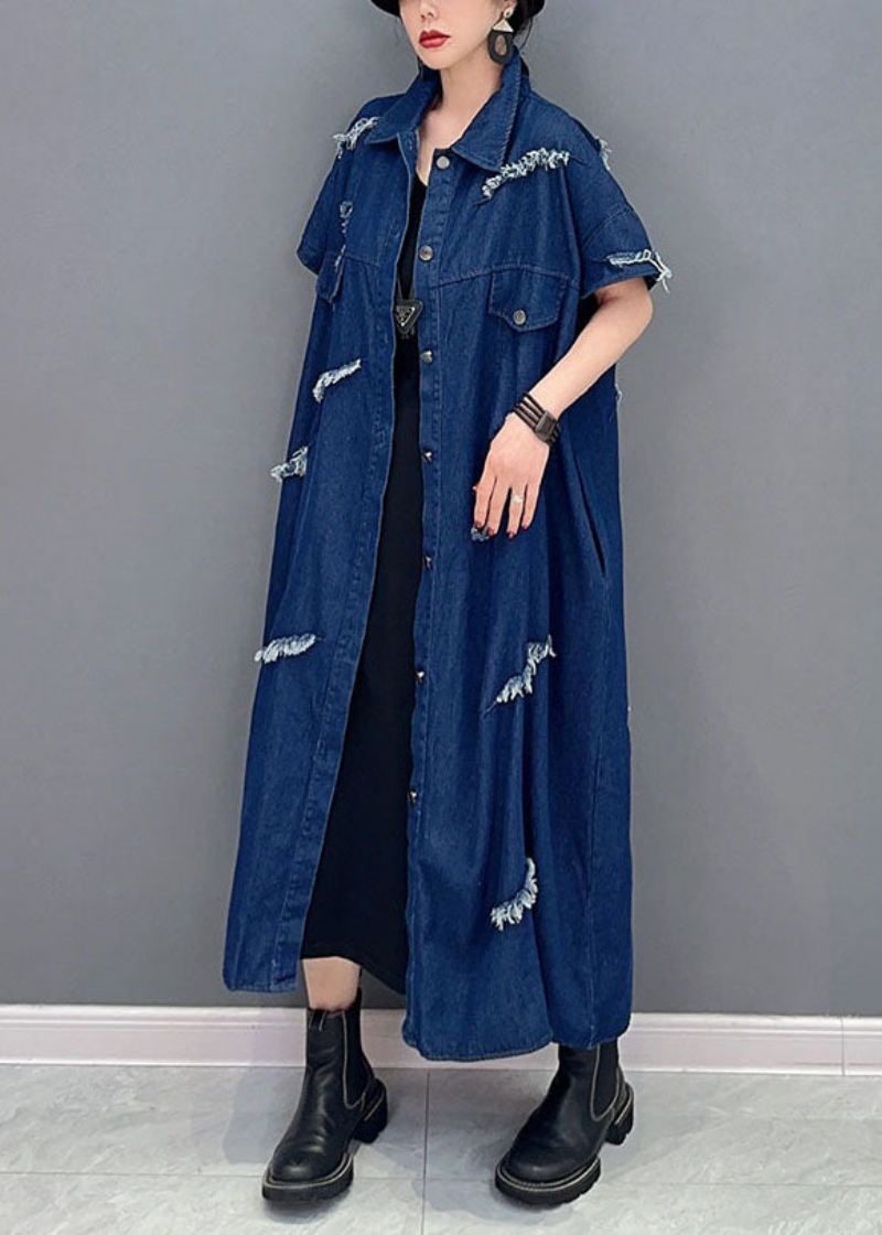 Plus Size Navy Oversized Cotton Ripped Denim Coat Outwear Kortermet - Cardigans for kvinner