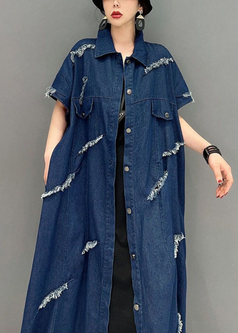 Plus Size Navy Oversized Cotton Ripped Denim Coat Outwear Kortermet - Cardigans for kvinner