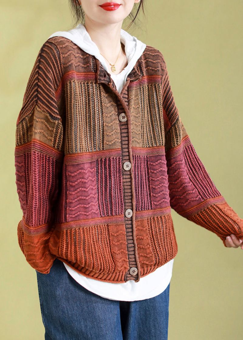 Plus Size Oransje O-hals Knapp Patchwork Strikkede Cardigans Vår