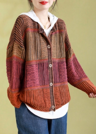 Plus Size Oransje O-hals Knapp Patchwork Strikkede Cardigans Vår