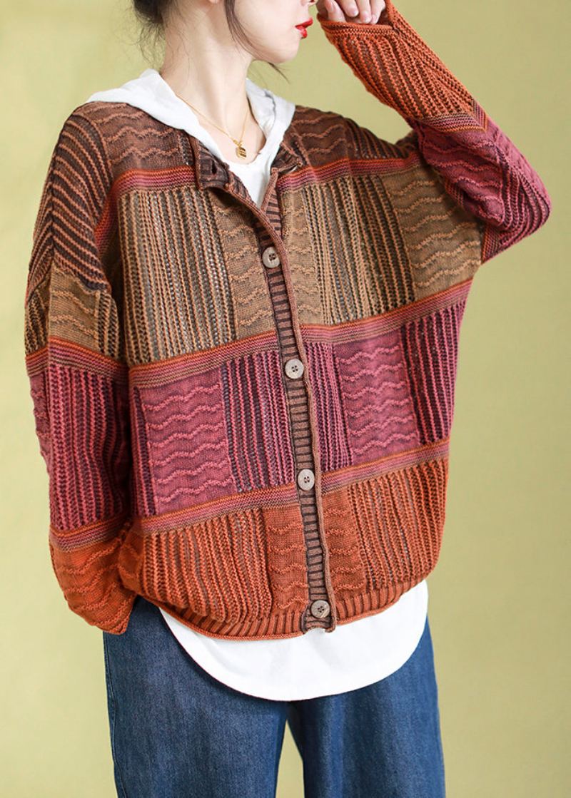 Plus Size Oransje O-hals Knapp Patchwork Strikkede Cardigans Vår - Cardigans for kvinner