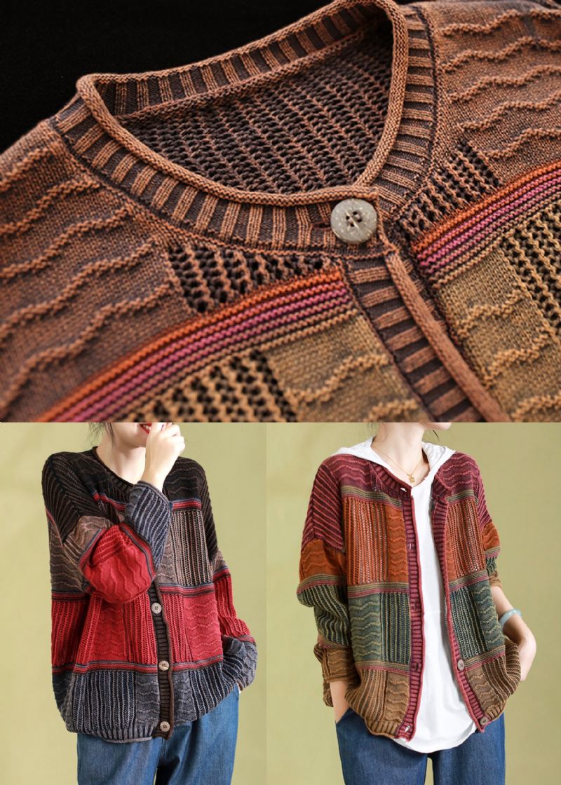 Plus Size Oransje O-hals Knapp Patchwork Strikkede Cardigans Vår - Cardigans for kvinner