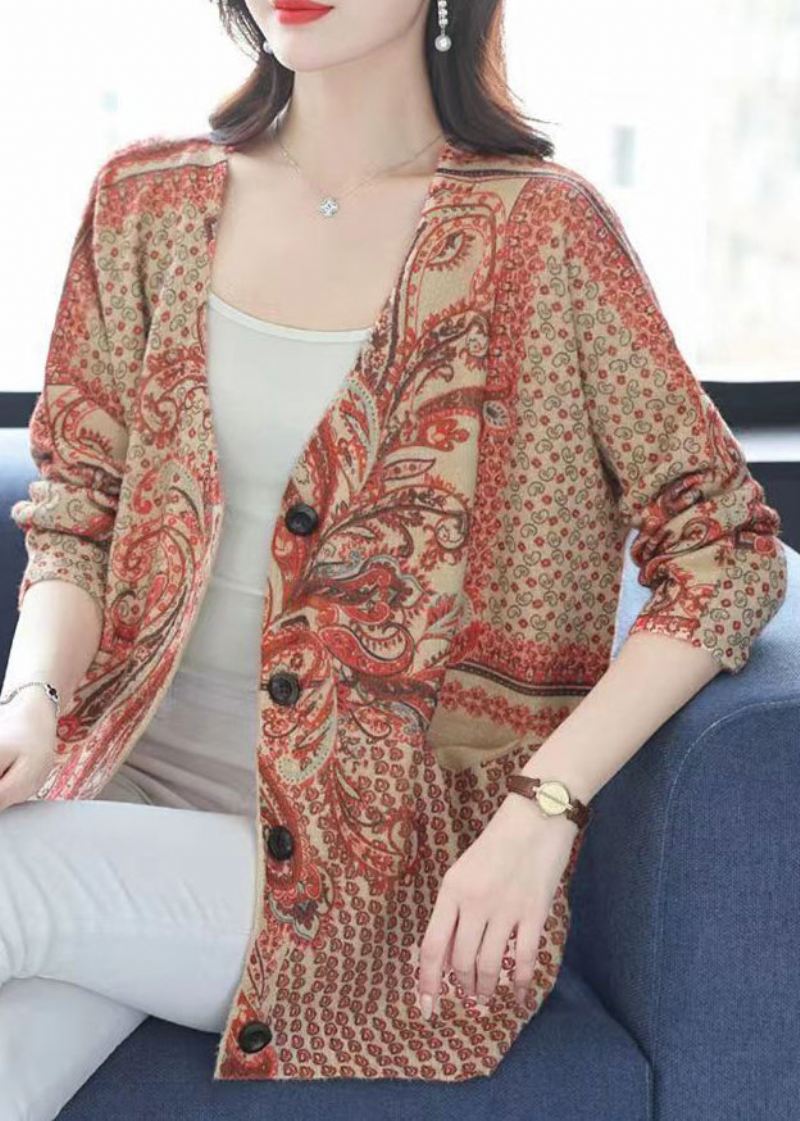 Plus Size Oransje V-hals Print Button Mink Hår Strikket Frakk Fall - Cardigans for kvinner