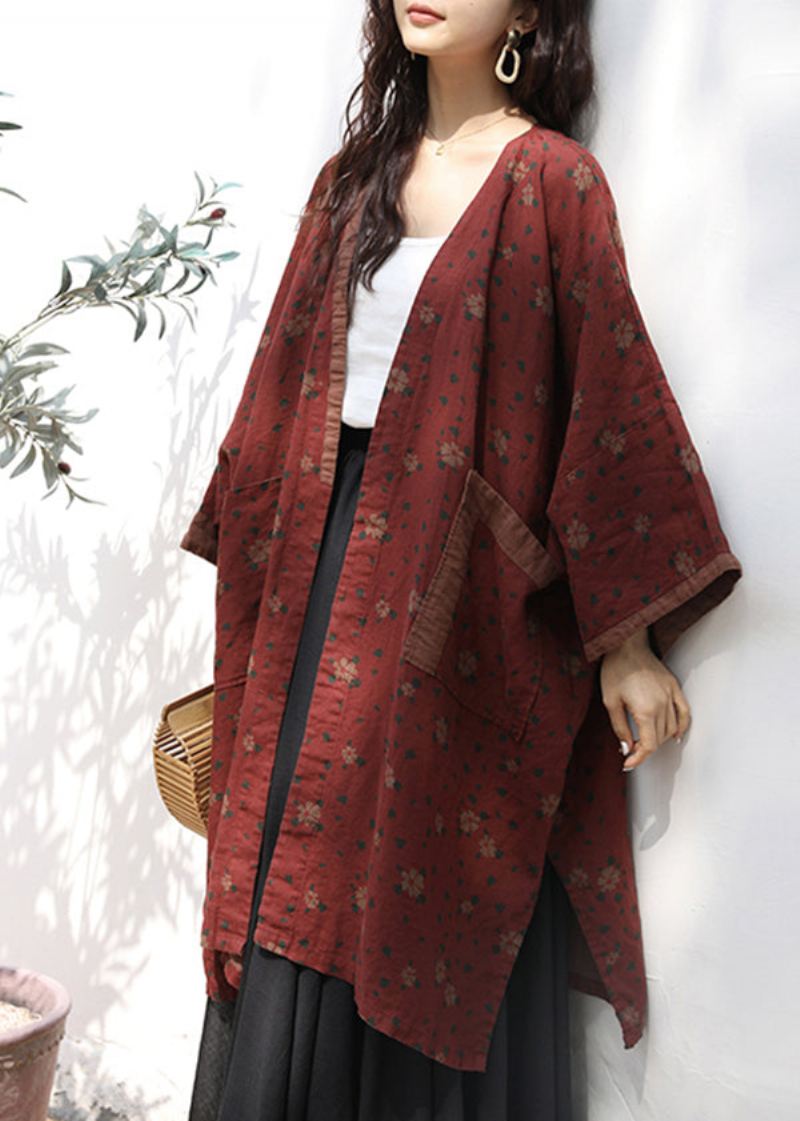 Plus Size Røde Lommer Print Patchwork Lin Cardigans Høst