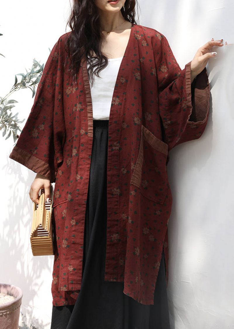 Plus Size Røde Lommer Print Patchwork Lin Cardigans Høst - Cardigans for kvinner